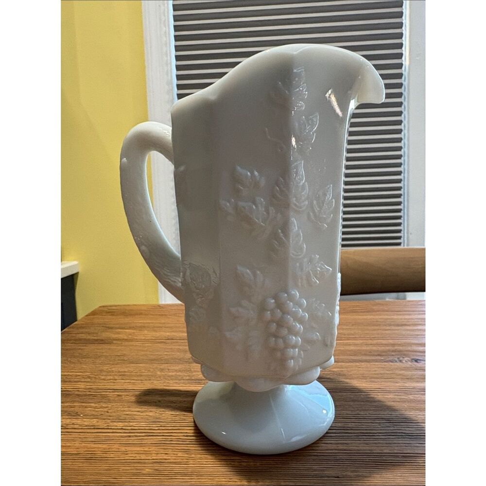 Westmoreland White Milk Glass Pedestal Pitcher with Grape Motif